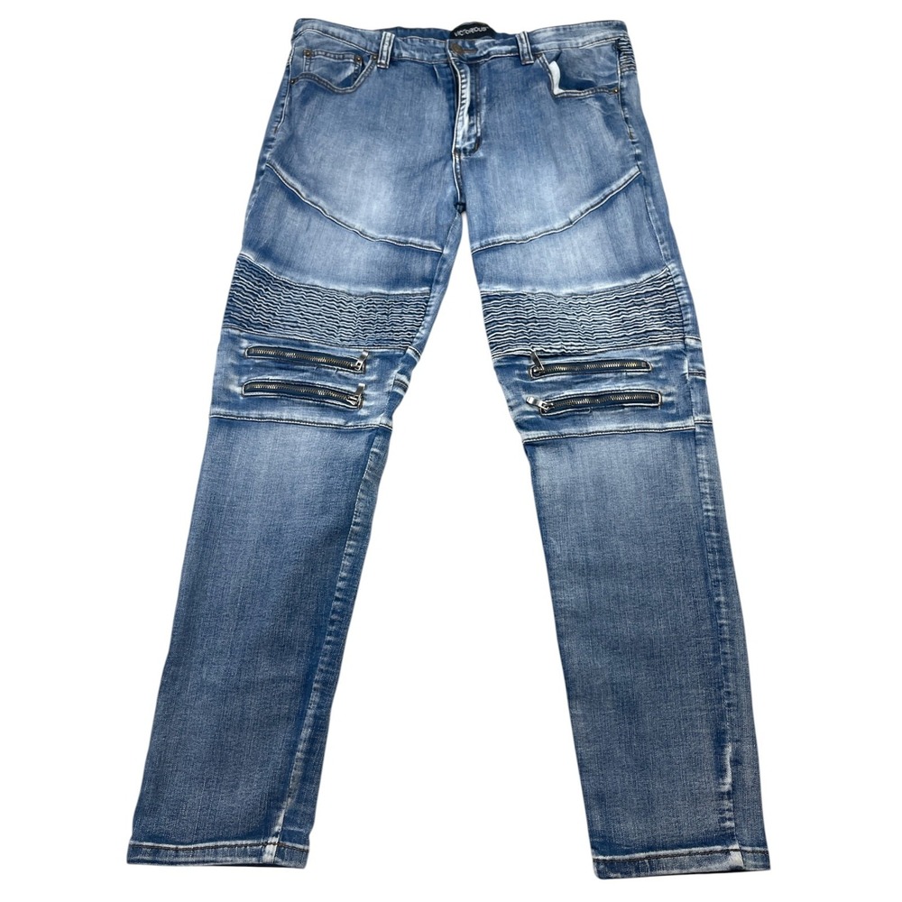 Victorious Jeans Men's 36 x 32 Blue Denim Stretch Zip & Pleated Knees Skinny Leg